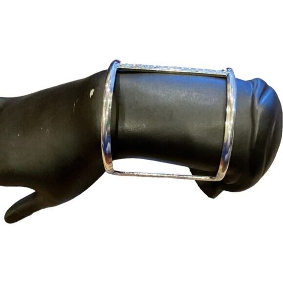 Silver Tone Rhinestone Cuff Bracelet With Open Design & Double Bar Detailing - Picture 5 of 7